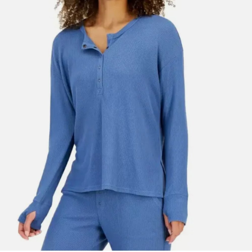 NWT Jenni Moonlight Blue Waffle Knit Henley Lounge Pajama Top